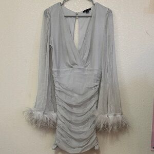 Elegant Gray Dress with Feather Details